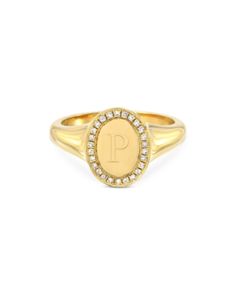 Zoe Lev 14K Yellow Gold Diamond Initial Signet Ring Pinky Signet Ring, Gold Initial Ring, Diamond Frame, Sparkling Rings, Initial Ring, 14k Gold Ring, Signet Ring, Metal Rings, Custom Jewelry