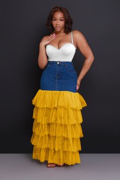 Non-stretch Yellow Skirt For Summer, Fitted Yellow Denim Bottoms, Spring Party Stretch Denim Skirt, Fitted Yellow Ruffled Skirt, Yellow Fitted Tiered Skirt, Fitted Yellow Tiered Skirt, Yellow High-waist Skirt For Spring, Yellow Ruffled Bottoms For Spring, High Waist Yellow Skirt For Spring