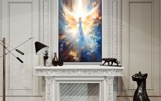 an angel painting on the wall above a fire place with a cat statue next to it