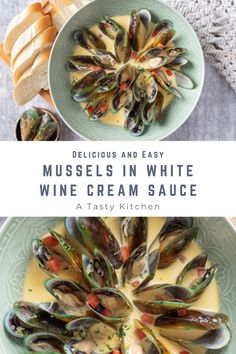 mussels in white wine cream sauce with bread on the side