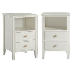 two white nightstands side by side with one drawer open and the other closed on both sides