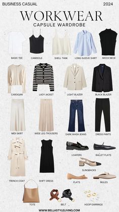 Looking to refine your 2024 business casual capsule wardrobe? We're sharing the key essentials to include in your workwear rotation. Business Casual Capsule Wardrobe, Business Casual Capsule, Casual Capsule Wardrobe, Interview Suits, Workwear Capsule Wardrobe, Smart Casual Women Outfits, Fashion Infographic, Workwear Capsule, Capsule Wardrobe Casual