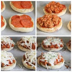 the process shots show how to make mini pizzas with meat and cheese on top