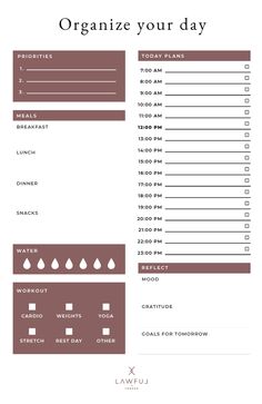 a printable planner with the words organize your day on it in brown and white