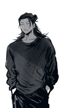 a drawing of a man with long hair standing in front of a white background and wearing a black shirt