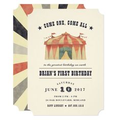 a circus themed baby shower is featured in this card that says, come one, come all