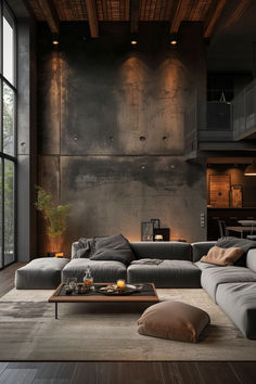 Industrial Minimalist Living Room - Modern Elegance Meets Urban Chic #IndustrialDesign #MinimalistLivingRoom #ModernHomeDecor #UrbanChic #InteriorDesignTrends #HomeInspiration #LivingRoomIdeas #Minimalism #ElegantInteriors Industrial Loft Living Room, Loft Living Room Decor, Industrial Interior Design Living Room, Industrial Decor Living Room, Urban Interior Design, Dark Interior Design, Industrial Style Interior