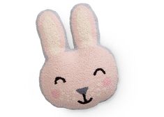 a knitted bunny head with eyes and ears on it's face, against a white background