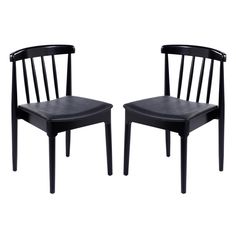 two black chairs sitting next to each other on a white background and one is empty