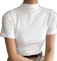 White Fitted Plain Tops, Fitted White Plain Tops, Collar T Shirt, Plain Shorts, Collar Tshirt, Women T Shirts, Stand Collar, Womens Shirts, T Shirts For Women