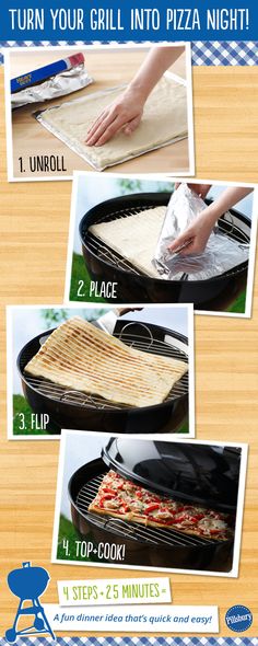 the instructions for how to cook pizza in an outdoor grill