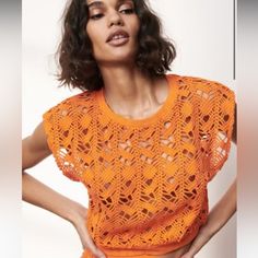 Never Used, Orange Crochet Set From Zara. Top Is Unlined But Shorts Are Lined. Chic Zara Crochet Lace Top, Two Piece Crochet, Beaded Crop Top, Knot Crop Top, Orange Crochet, Frill Tops, Puff Sleeve Crop Top, Corset Crop Top, Crochet Set