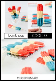 some red, white and blue cookies are on a tray with the words bomb pop