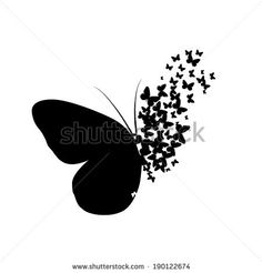 a black and white silhouette of a butterfly with lots of butterflies on it's wings