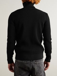 S.N.S. Herning's renowned knitwear is produced using vintage machines. This 'Fender' cardigan is spun from substantial virgin wool in a ribbed stitch. Classic Merino Wool Ribbed Outerwear, Ribbed Merino Wool Outerwear For Work, Classic Black Ribbed Outerwear, Classic Fitted Knitted Cardigan, Fitted Turtleneck Cardigan With Textured Knit, Fitted Long Sleeve Cardigan With Ribbed Cuffs, Classic Black Ribbed Cardigan, Fitted Knit Outerwear With Ribbed Cuffs, Classic Wool Ribbed Cardigan