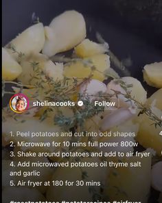 potatoes and other foods are being cooked in a skillet with instructions for how to cook them