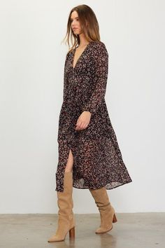 Make an entrance in this eye-catching midi dress. Delightfully detailed with a flurry of vibrant florals, its side slit and v neckline add a flirty flair. Long sleeves keep it understated, this versatile midi dress can be dressed up or dressed down. Recommended sizing 2-4 S, 6 M, 8-10 L Mid Calf Boots Outfit Dresses, Mid Calf Boots Outfit, Calf Boots Outfit, Long Sleeve Dresses Fall, Vibrant Florals, Floral Print Midi Dress, Print Midi Dress, V Neckline, Printed Midi Dress