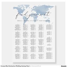 a blue and white wedding seating chart with the world map in the background for guests to sign