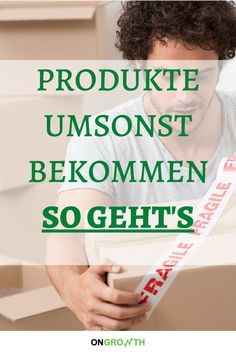 a man holding a box with the words produkte umssont bekommen soghs on it