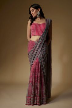 Pink pre-draped saree featuring Mughal print all over with sequin detailing. Paired with a printed padded blouse. - Aza Fashions Fitted Silk Pre-draped Blouse, Festive Pre-draped Fitted Blouse, Festive Fitted Pre-draped Blouse Piece, Fitted Draped Blouse For Reception, Fitted Georgette Top With Traditional Drape, Fitted Pre-draped Georgette Saree, Fitted Draped Blouse Piece For Reception, Fitted Pre-draped Sets For Reception, Fitted Silk Blouse Piece In Pre-draped Style