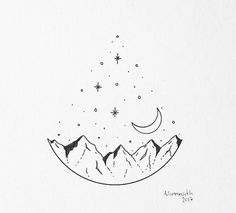 a drawing of mountains and stars in the sky