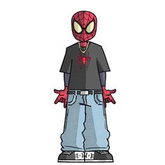 a drawing of a person wearing a spider man mask and jeans with his hands in the air