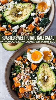 roasted sweet potato kale salad with avocado, walnuts and creamy eggs