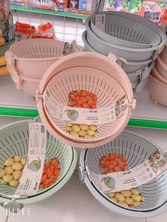 several baskets are stacked on top of each other