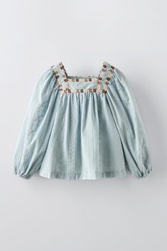 EMBROIDERED FLOWER TRIM SHIRT - Light blue | ZARA United States Summer Embroidered Long Sleeve Top With Lace Trim, Summer Long Sleeve Embroidered Top With Lace Trim, Spring Long Sleeve Blouse With Lace Trim, Spring Long Sleeve Top With Lace Trim, Long Sleeve Cotton Blouse With Embroidered Cuffs, Cotton Embroidered Long Sleeve Top With Lace Trim, Cotton Embroidered Cuff Long Sleeve Top, Cotton Long Sleeve Blouse With Floral Embroidery, Cotton Embroidered Long Sleeve Top