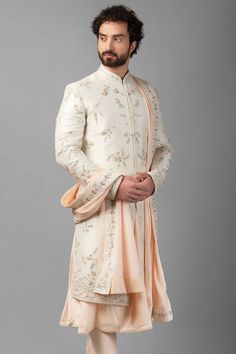 wedding wear sherwani, Groom, bride and groom, sherwani, mens sherwani, designer sherwani, new design, latest wedding wear, peach, raw silk, silk, groom outfit, clothes, fashion wear, stylish wear, cutdana, wedding wear clothes, new design, Wedding Waistcoats, Wedding Outfits For Groom