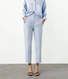 Casual Blue Pants For Office, Spring Trousers For Workwear, Spring Workwear Trousers, Casual Blue Pants For The Office, Spring High-waisted Office Pants, Spring Office Pants, Spring Office Bottoms, Spring Office Straight Leg Bottoms, Tailored Bottoms With Pockets For Spring