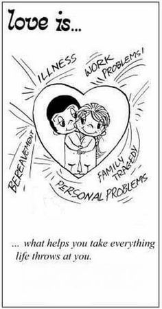 a cartoon drawing with the words love is and an image of two people hugging each other