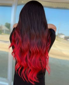 Red With Black Tips Hair, Red Faded Hair, Died Red Hair, Red Tips On Brown Hair, Black And Red Ombré Hair, Red Balayage On Black Hair, Black Hair With Red Tips Dip Dyed, Black Hair With Red Streaks, Black Hair Red Ombre