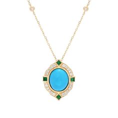 Make a luxurious statement on your neckline with this eye-catching CIRARI pendant with chain. It showcases an 11x9mm oval turquoise, which is surrounded by a halo of 20 brilliant-cut round diamonds and four square emeralds. There's even two diamond stations on the chain. You'll love the gorgeous color, sparkle and shine! All of the compliments you'll receive are nice, as well. The exquisite piece is expertly crafted in 14K yellow gold with a polished finish that offers across-the-room gleam. Luxury Oval Cabochon Necklace, Elegant Oval Cabochon Emerald Necklace, Luxury Jewelry With Oval Cabochon Gemstone Accents, Oval Cabochon Necklaces In Fine Jewelry Style, Oval Cabochon Necklace In Fine Jewelry Style, Luxury Yellow Gold Turquoise Necklace, Luxury Turquoise Gemstone Necklace, Luxury Turquoise Cabochon Jewelry, Elegant Turquoise Gemstone Necklace