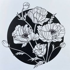 black and white drawing of flowers in a circle