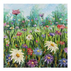 a painting of colorful flowers in the grass