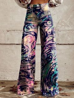 Hippie Multicolor Full-length Bottoms, Multicolor Maxi-length Kimono For Festivals, Bohemian Long Tie-dye Kimono, Bohemian Maxi-length Printed Kimono, Bohemian V-neck Maxi Dress With Abstract Print, Casual Wide Leg Pants, Printed Jeans, Equatorial Guinea, British Indian