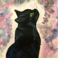 a painting of a black cat with yellow eyes