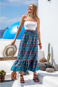 Make a statement with our Geo Print Smocked Maxi Skirt! With its eye-catching geometric print and comfortable smocked waist, this skirt is perfect for adding a touch of bohemian flair to your summer wardrobe. Product code: CAA02B4E003TT Features:  Woven High-rise waist Smocked waistband  Ruffled trim Maxi Wash Method: Regular Wash Material: 100%POLYESTER. Boho Print Bohemian Maxi Skirt For Beach, Bohemian Beach Maxi Skirt With Boho Print, Bohemian Maxi Skirt With Boho Print For Beach, Bohemian Boho Print Maxi Skirt For Beach, Beach Bohemian Maxi Skirt With Boho Print, Summer Boho Print Maxi Skirt For Vacation, Boho Print Maxi Skirt For Summer Vacation, Summer Maxi Skirt With Boho Print For Vacation, Summer Vacation Boho Print Maxi Skirt