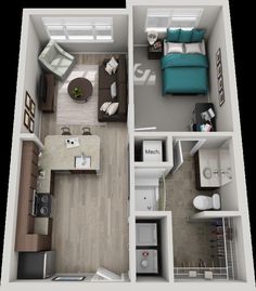 an overhead view of a two bedroom apartment