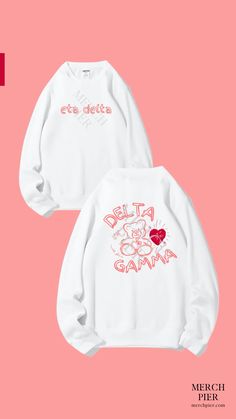 two sweatshirts with the words delta and gama printed on them, against a pink background