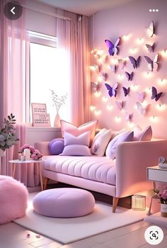 Soft Purple Bedroom Ideas, Purple Room Wall Ideas, Butterfly Living Room Ideas, Living Room With Pink Walls, Pink And Purple Room Ideas Bedrooms, Purple Butterfly Room Ideas, Pink And Purple Home Decor, Butterfly Wall Paint, Pink Room Decor Of Your Dreams