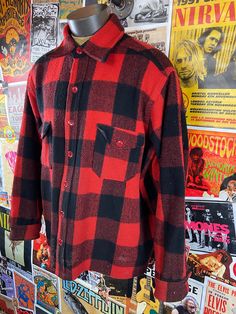 "Vintage men's 1950s-60s red + black wool buffalo plaid two pocket button down jacket or shirt. Features red plastic buttons. Has a couple of tiny holes, piling through out + some untreated dirt wear {see images}. manufacturer | Custom Made by Sharon Stephenson tag size | n/a -- est it to best fit men's XL *refer to measurements for accurate sizing measurements {taken laying flat}: chest -- 29\" {58} shoulders -- 20.5\" sleeve length from shoulder seam -- 25\" total length -- 31\"" 1960s Mens Fashion, Button Down Jacket, Flat Chest, Black Wool, Buffalo Plaid, Blue Plaid, Button Up Shirt, Mens Fitness, Down Jacket