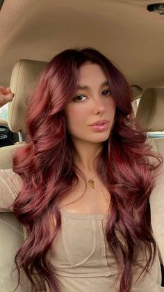 Cherry Red Hair With Long Layers, Hair Dye Ideas For Brown Eyes, Cherry Red Hair With Layers, Dark Red Hair With Curtain Bangs, Dark Red Hair Brown Eyes, Sangria Hair Color, Burgundy Copper Hair, Dyed Dark Hair, Burgundy Hair With Money Piece