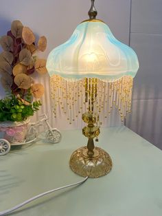 a table with a lamp on top of it next to a potted plant and bicycle