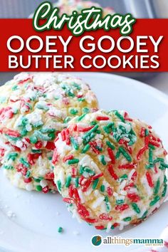 Close-up of Christmas Ooey Gooey Butter Cookies topped with red and green holiday sprinkles, showcasing their soft, melt-in-your-mouth texture. These festive cookies are made with cake mix and cream cheese for an easy and delicious holiday treat. Cake Mix Cream Cheese, Ooey Gooey Butter Cookies, Cozy Baking, Butter Cake Cookies, Easy Dessert Recipes Christmas, Ooey Gooey Butter Cake, Chocolate Cake Mix Cookies, Butter Cookies Easy, Gooey Butter Cookies