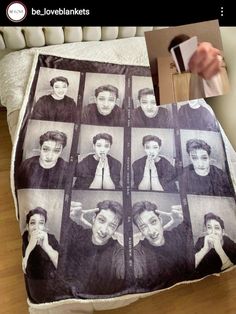 a person holding up a blanket that has photos of people on it and the words, be lovebankets