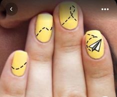 Tree Tattoo Shoulder, Plane Nails, Nail Polish Yellow, College Nails, Nail Polish Black, Black Gel Nails, Yellow Nail Art, Tattoo Shoulder, Nail Polish Crafts