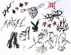 various tattoo designs on white paper with black ink