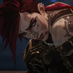 a close up of a person with blood on their face and red hair wearing armor